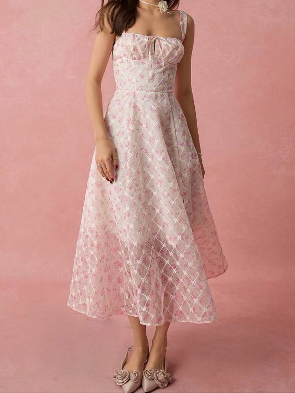 Sleeveless Pink Floral Midi Dress